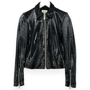 Zoe Karssen Metallic Black Sparkling Snakeskin Textured Leather Moto Jacket sz S